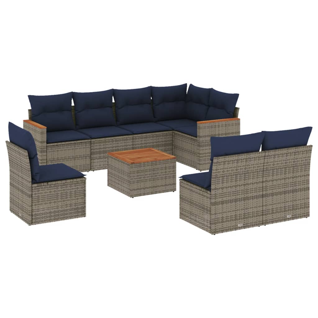 Ensemble de canapé de jardin 9 pcs avec coussins gris résine tressée