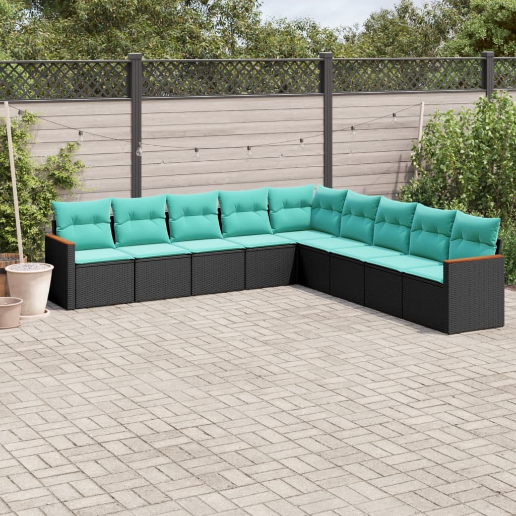 Salon de jardin 9 pcs avec coussins noir résine tressée