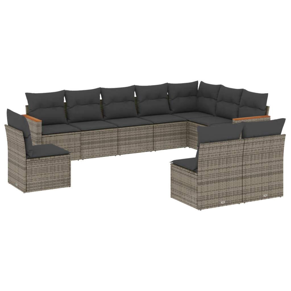 Salon de jardin avec coussins 10 pcs gris résine tressée