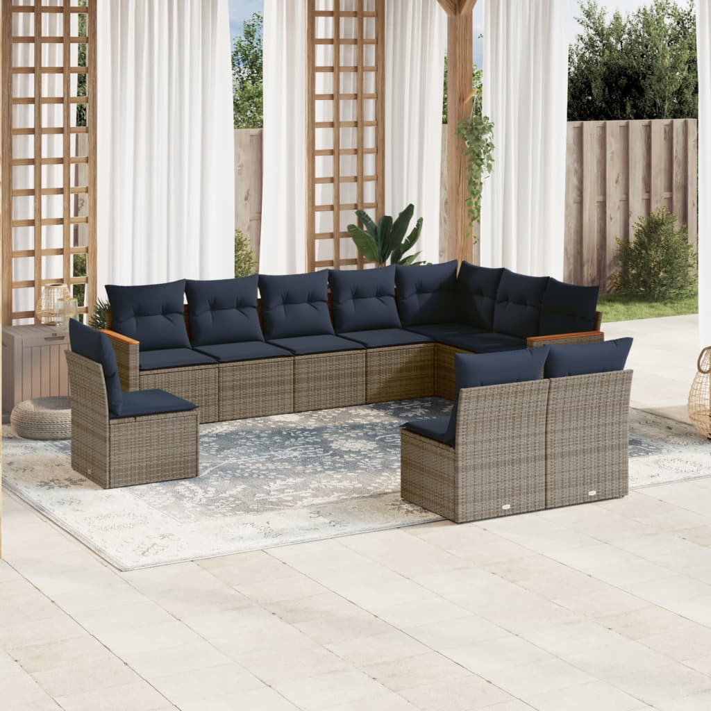 Ensemble de canapé de jardin 10 pcs avec coussins gris résine tressée