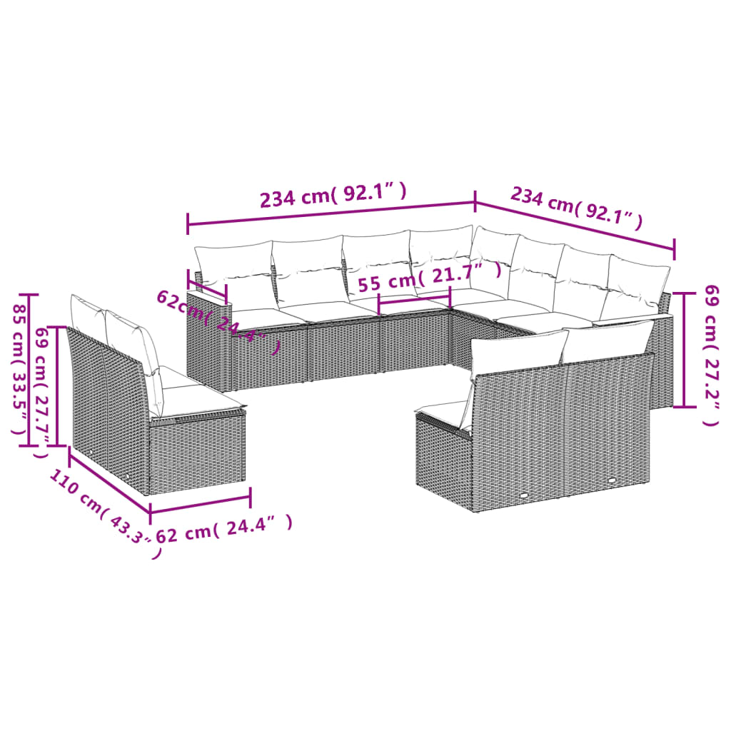 Ensemble de canapé de jardin 11 pcs avec coussins gris résine tressée