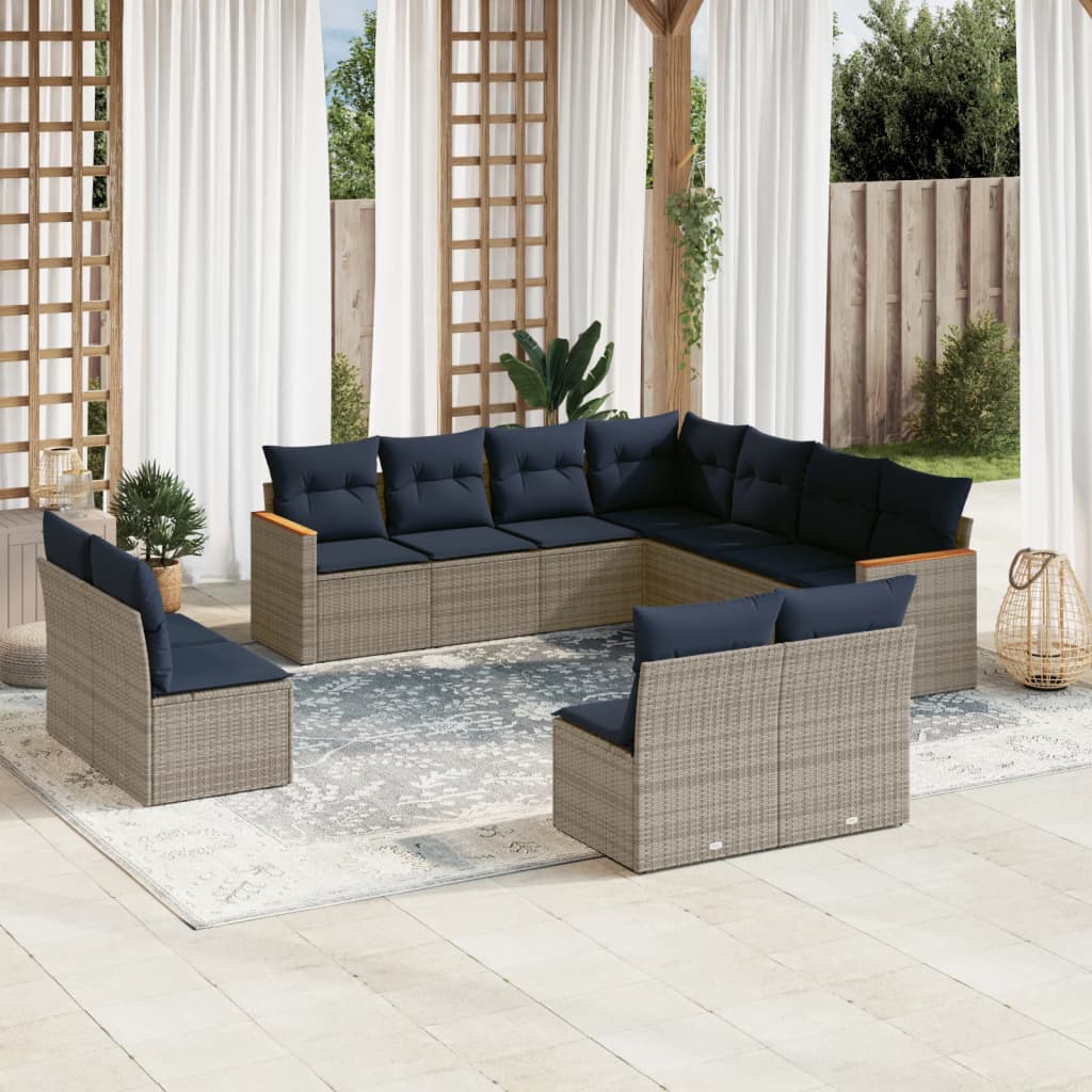 Ensemble de canapé de jardin 11 pcs avec coussins gris résine tressée