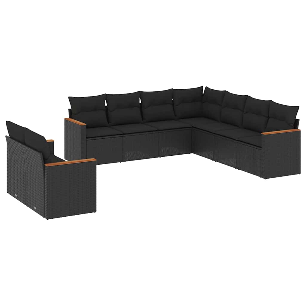 Salon de jardin 9 pcs avec coussins noir résine tressée