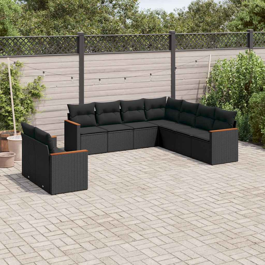 Salon de jardin 9 pcs avec coussins noir résine tressée