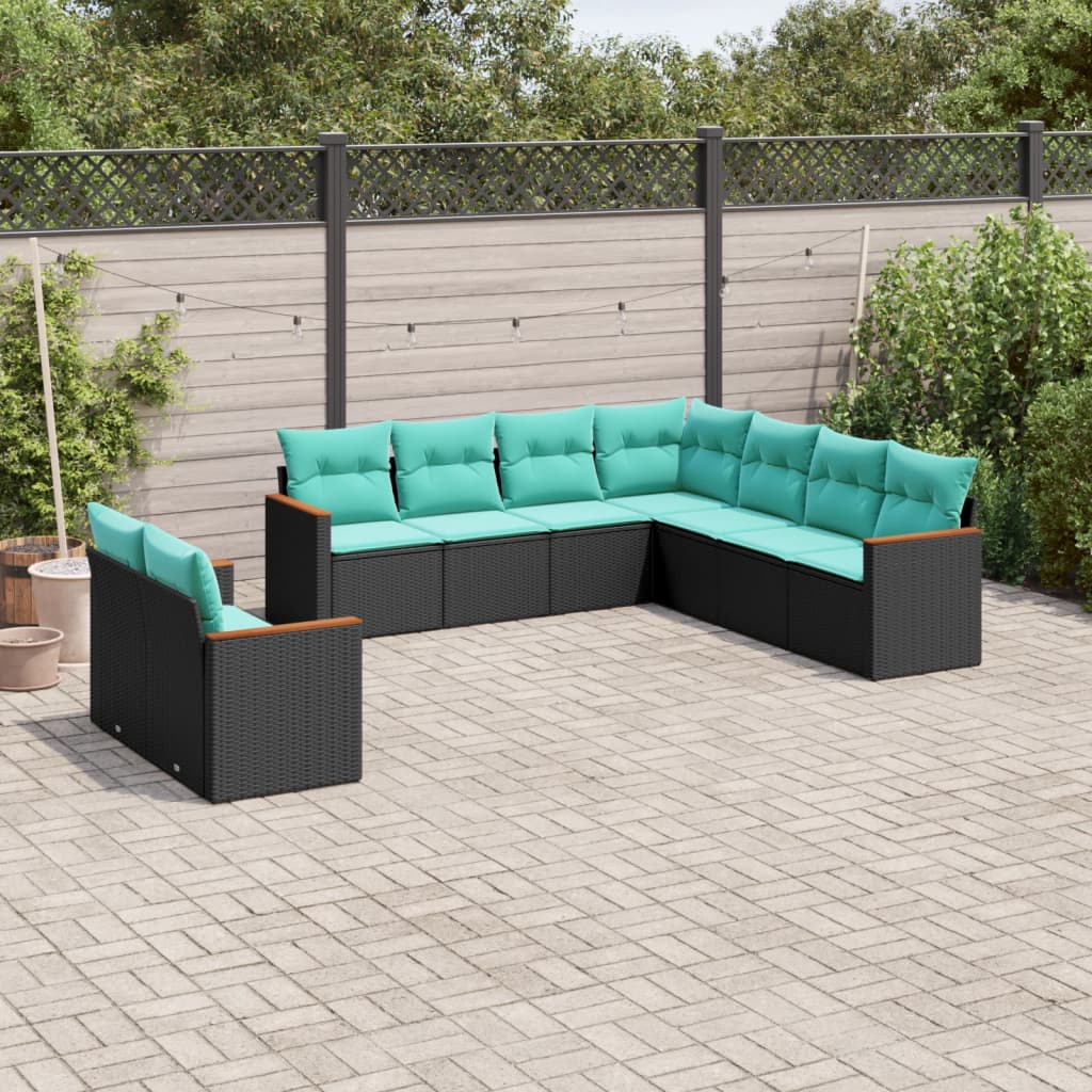 Salon de jardin 9 pcs avec coussins noir résine tressée