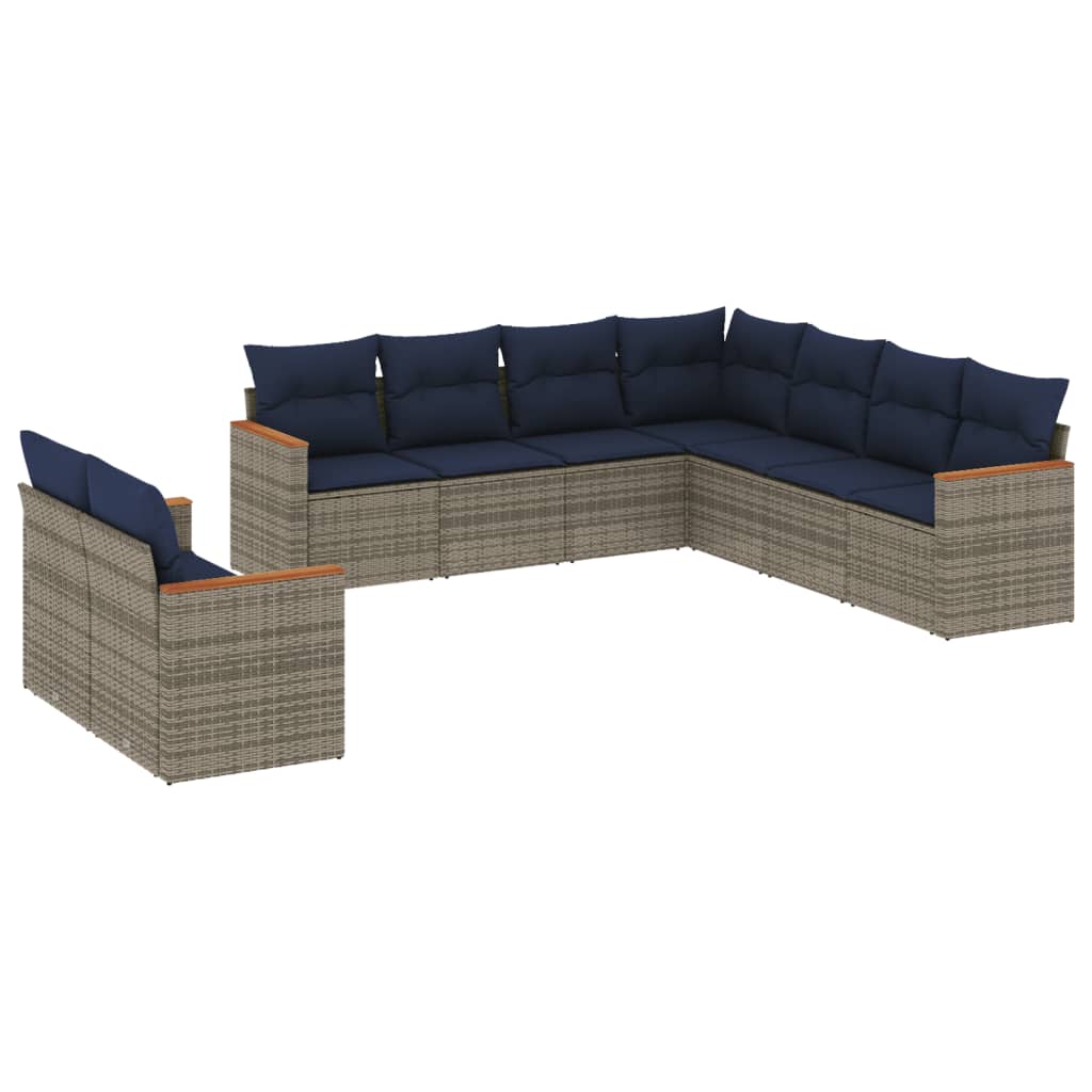 Ensemble de canapé de jardin 9 pcs avec coussins gris résine tressée