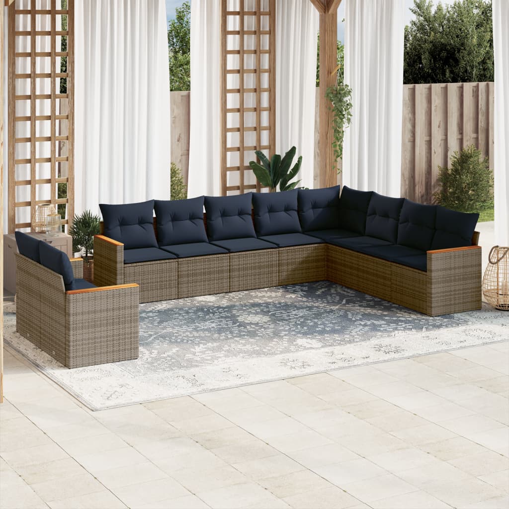 Ensemble de canapé de jardin 10 pcs avec coussins gris résine tressée