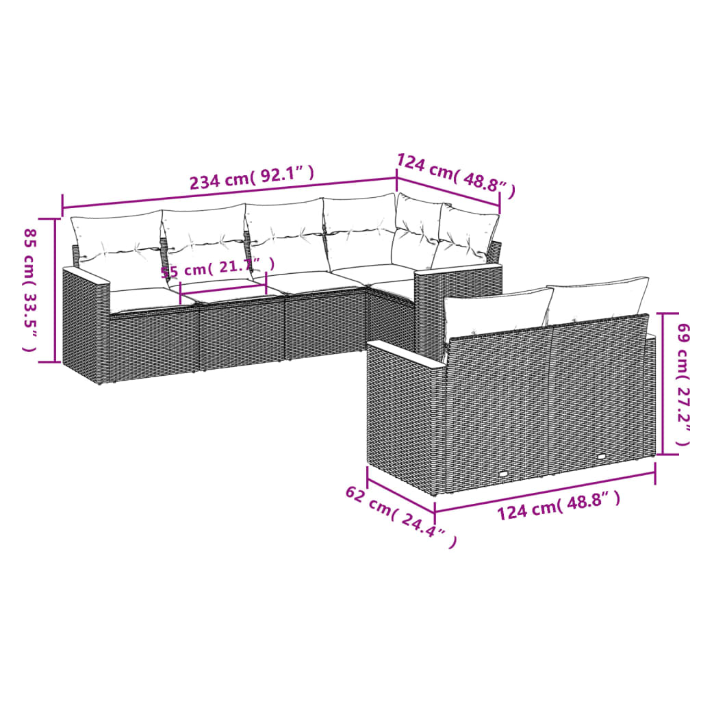 Ensemble de canapé de jardin 7 pcs avec coussins gris résine tressée