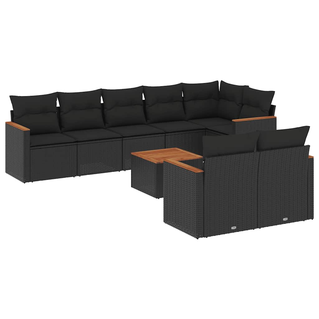 Salon de jardin 9 pcs avec coussins noir résine tressée