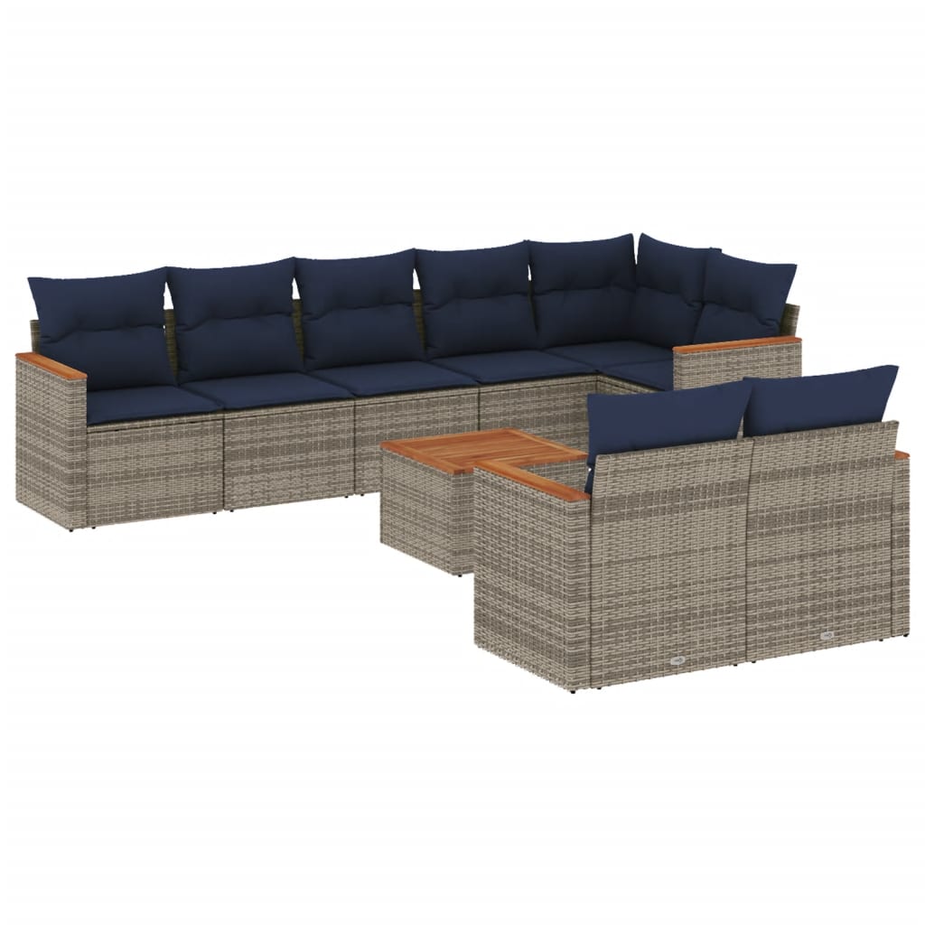 Ensemble de canapé de jardin 9 pcs avec coussins gris résine tressée