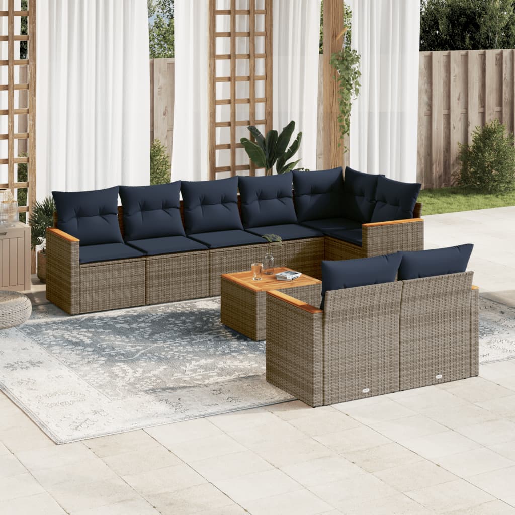 Ensemble de canapé de jardin 9 pcs avec coussins gris résine tressée