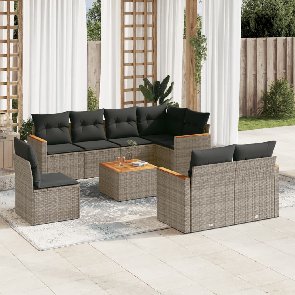 Salon de jardin 9 pcs avec coussins gris résine tressée