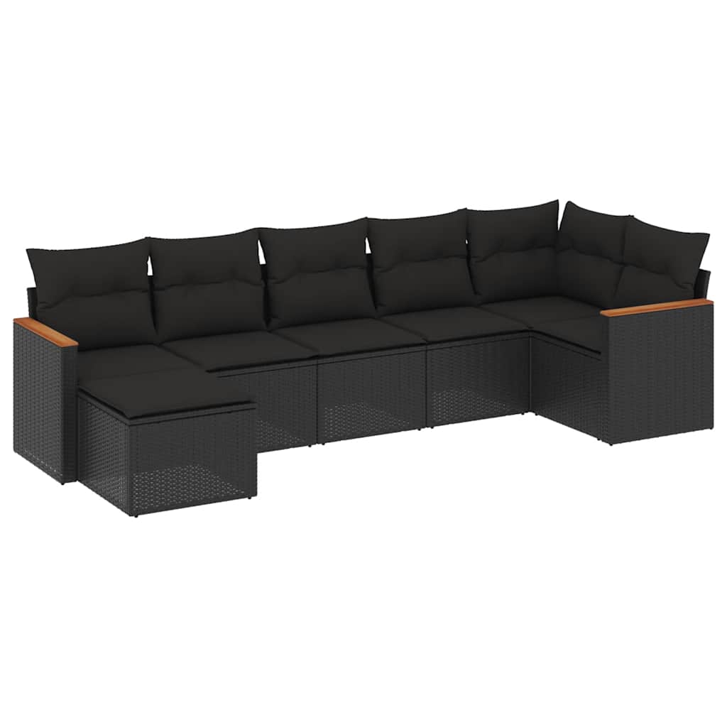 Salon de jardin 7 pcs avec coussins noir résine tressée