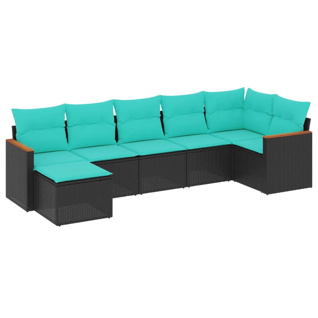 Salon de jardin 7 pcs avec coussins noir résine tressée