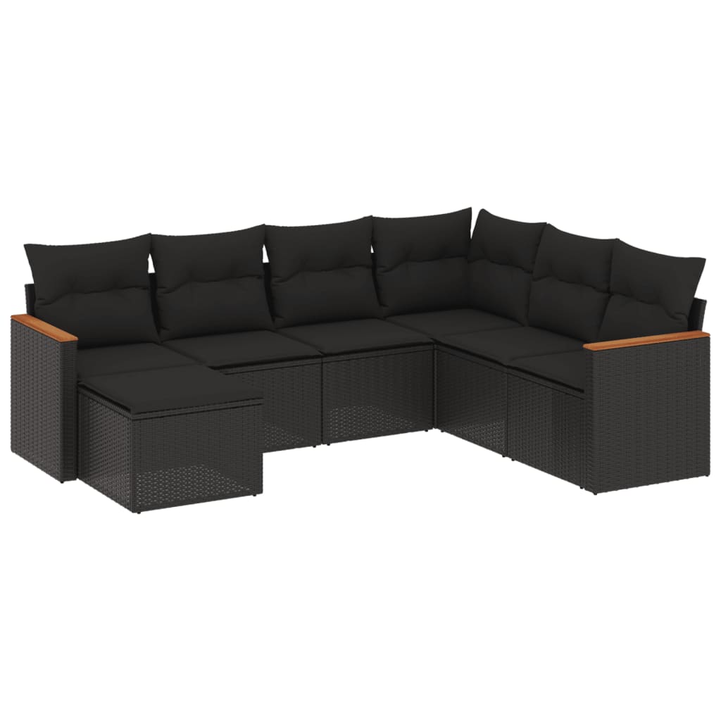 Salon de jardin 7 pcs avec coussins noir résine tressée