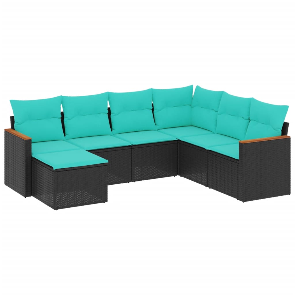Salon de jardin 7 pcs avec coussins noir résine tressée