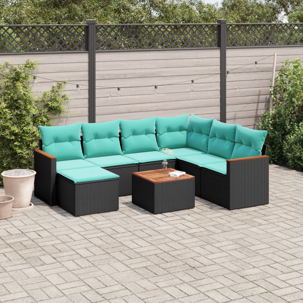 Ensemble de canapé de jardin 8 pcs avec coussins noir résine tressée