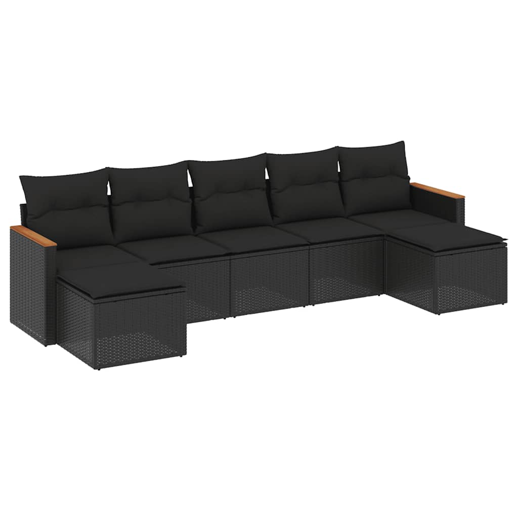 Salon de jardin 7 pcs avec coussins noir résine tressée