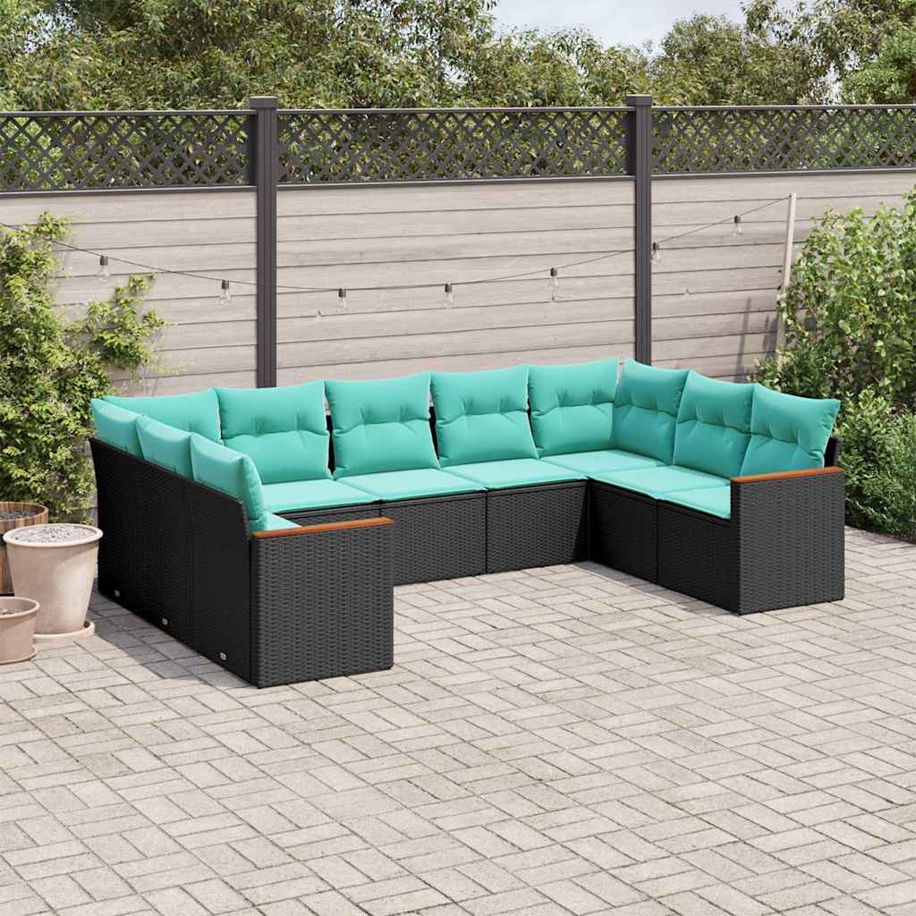 Salon de jardin 9 pcs avec coussins noir résine tressée