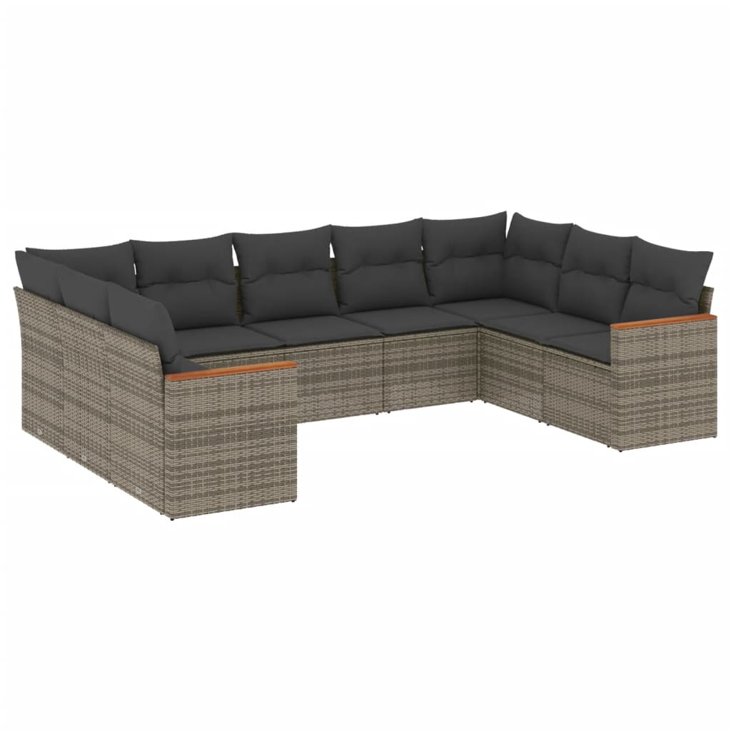 Salon de jardin 9 pcs avec coussins gris résine tressée
