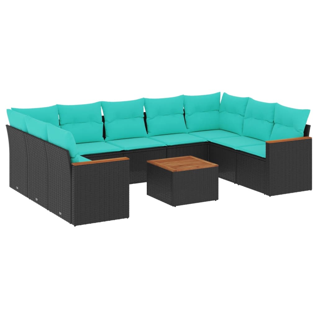 Ensemble de canapé de jardin 10 pcs avec coussins noir résine tressée