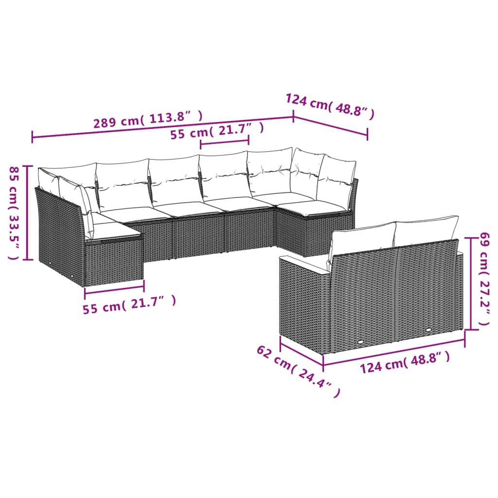 Ensemble de canapé de jardin 9 pcs avec coussins gris résine tressée