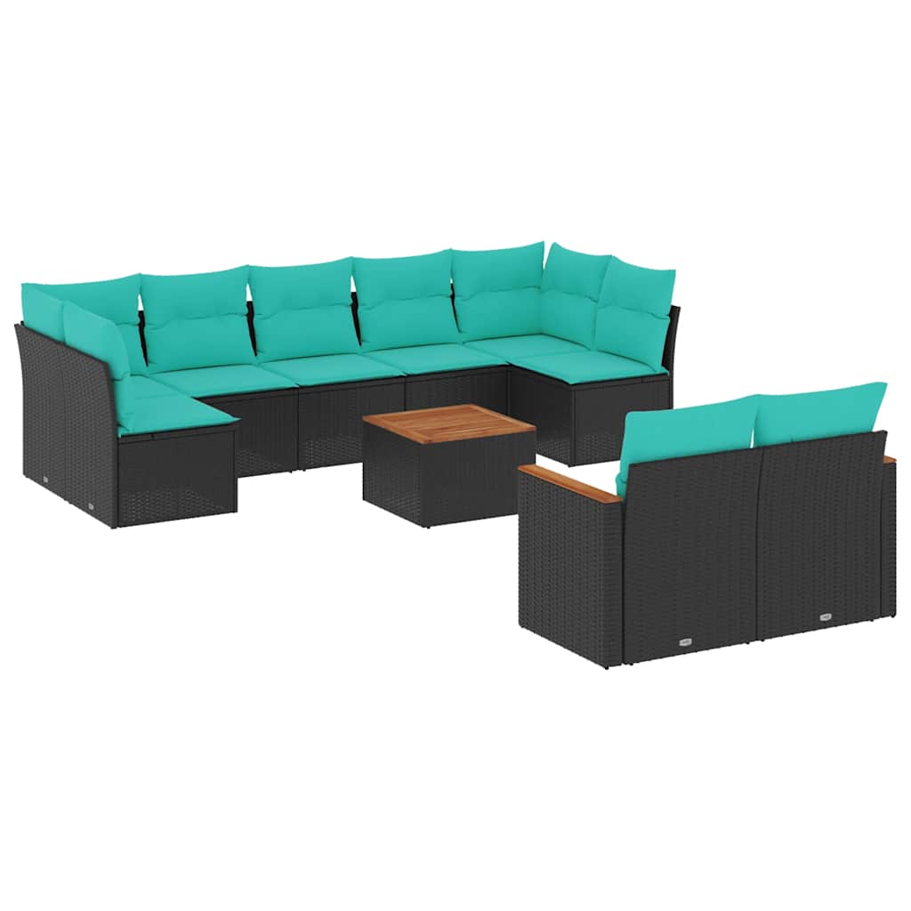 Ensemble de canapé de jardin 10 pcs avec coussins noir résine tressée