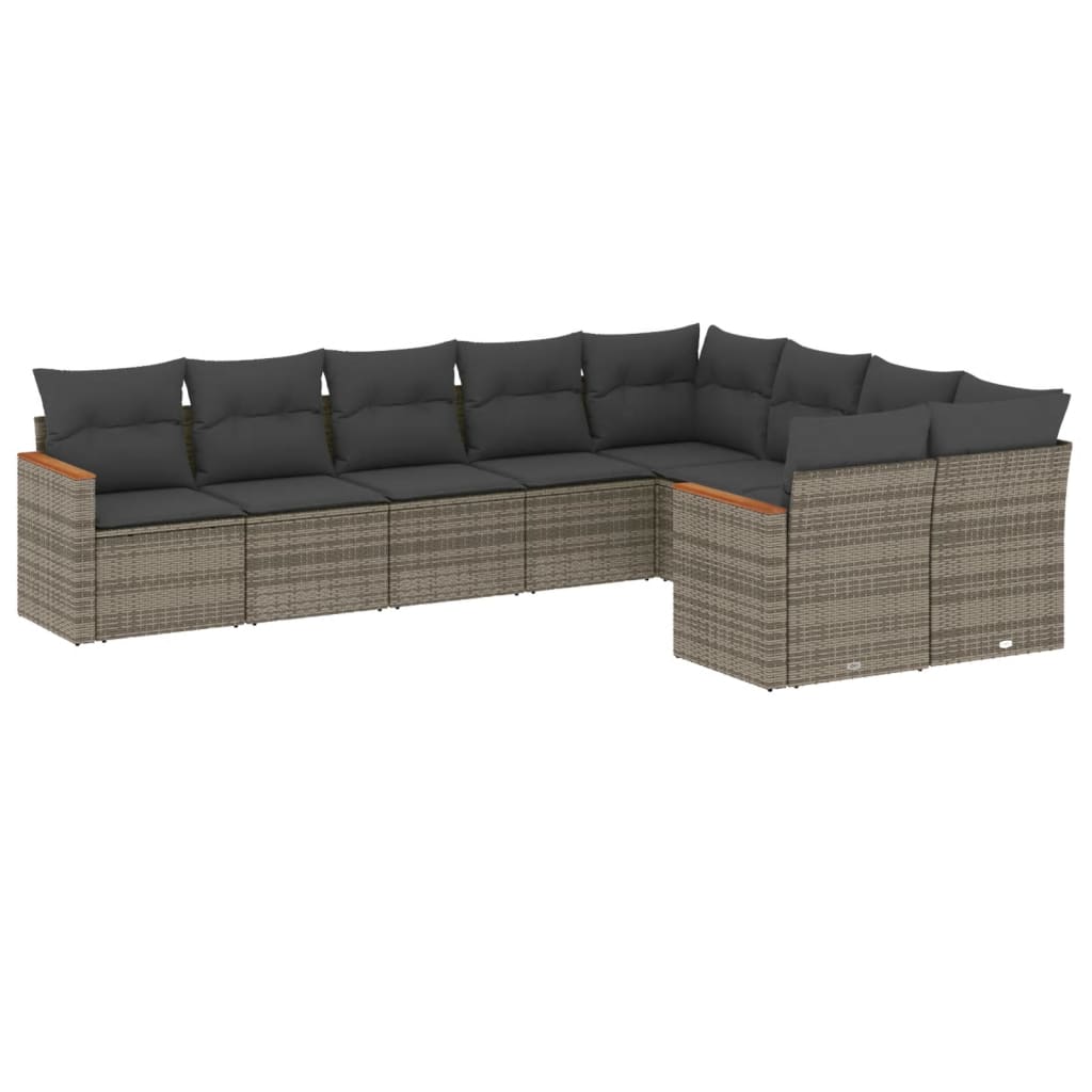 Salon de jardin 9 pcs avec coussins gris résine tressée