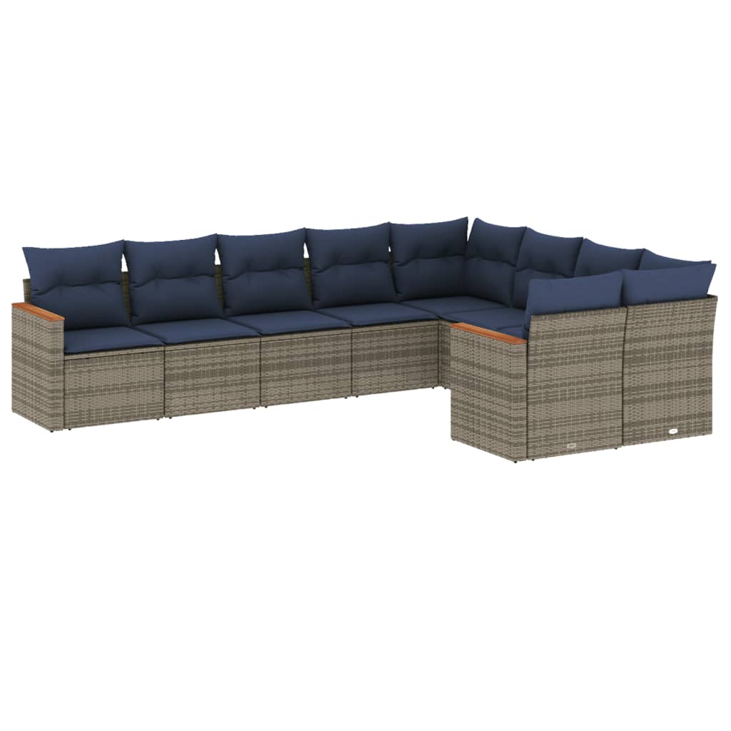 Ensemble de canapé de jardin 9 pcs avec coussins gris résine tressée