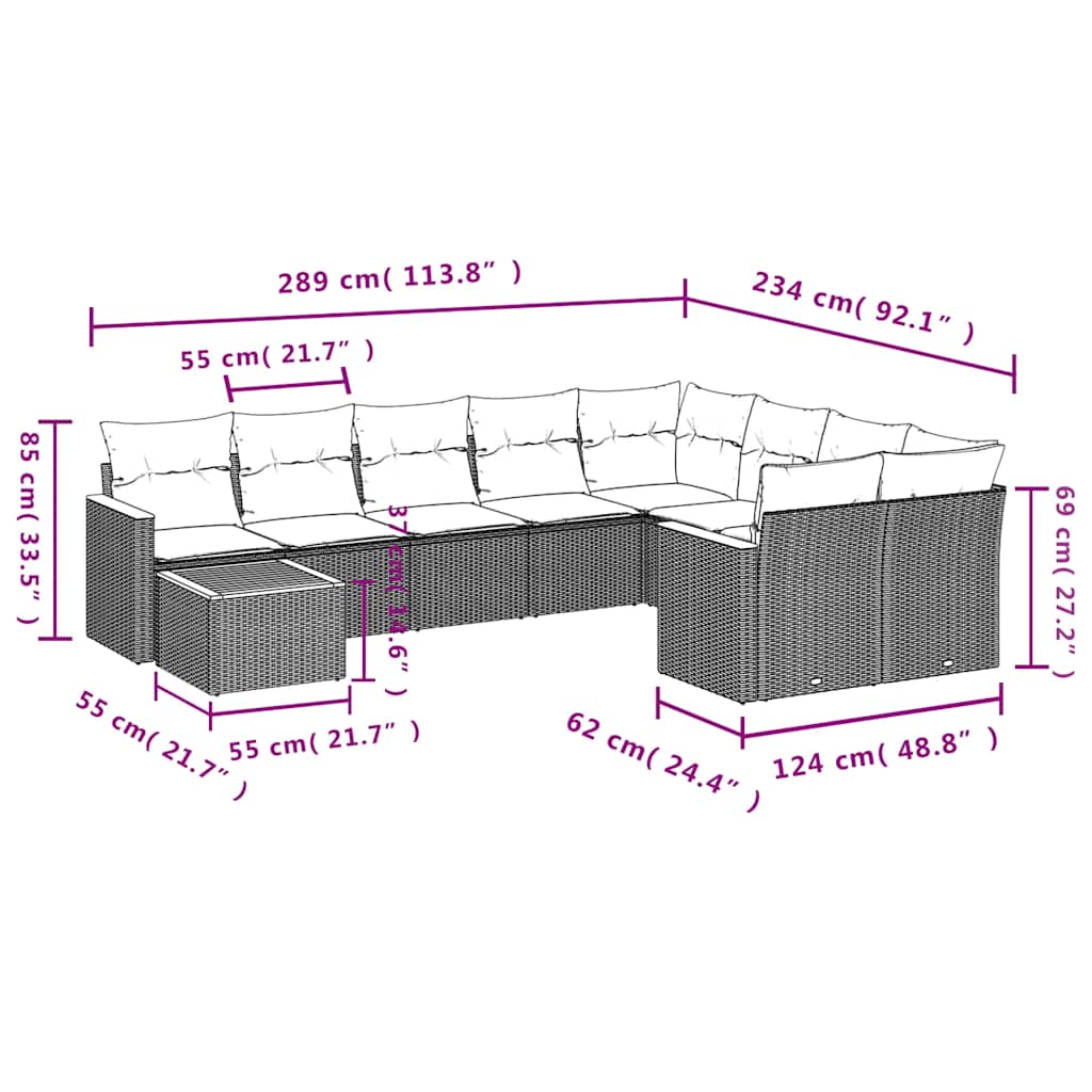 Ensemble de canapé de jardin 10 pcs avec coussins noir résine tressée