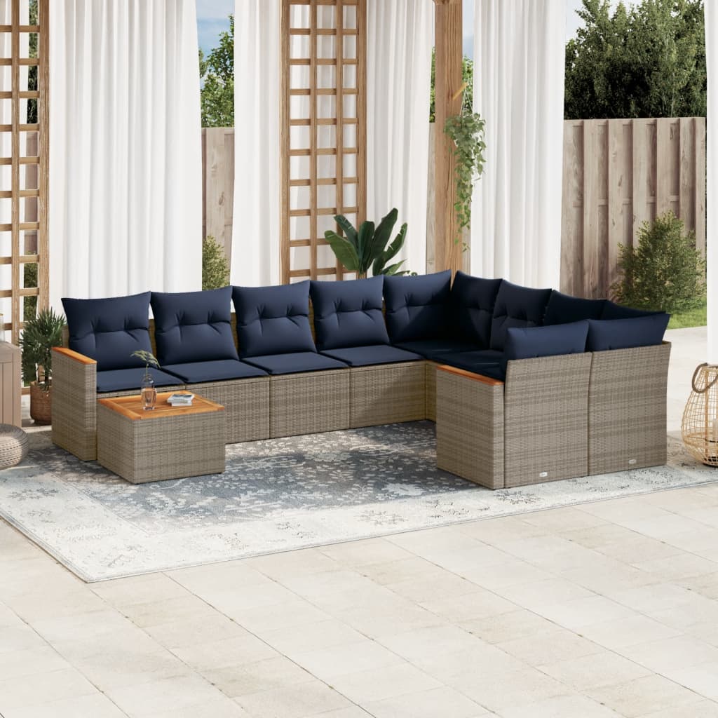 Ensemble de canapé de jardin 10 pcs avec coussins gris résine tressée