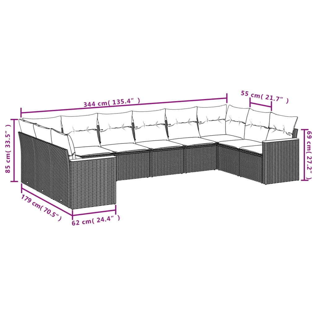 Ensemble de canapé de jardin 10 pcs avec coussins gris résine tressée