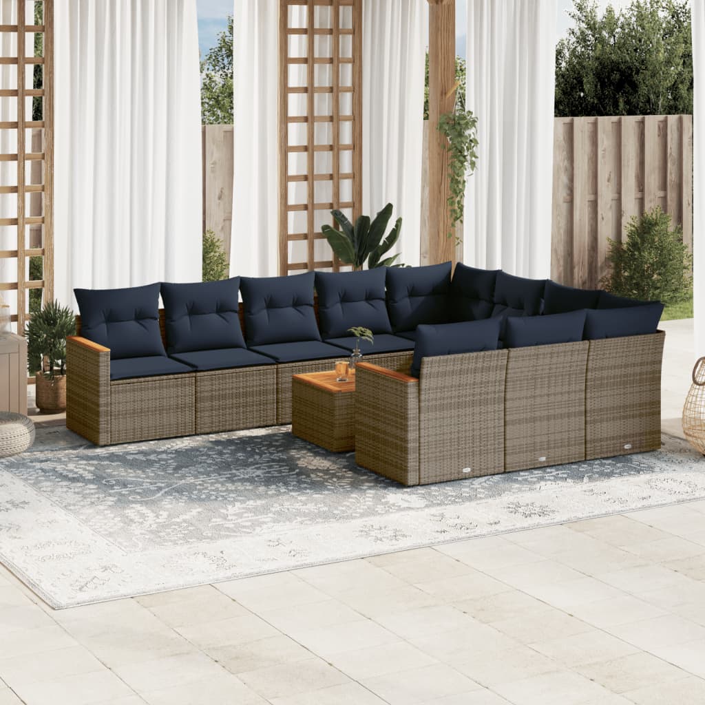 Ensemble de canapé de jardin 11 pcs avec coussins gris résine tressée