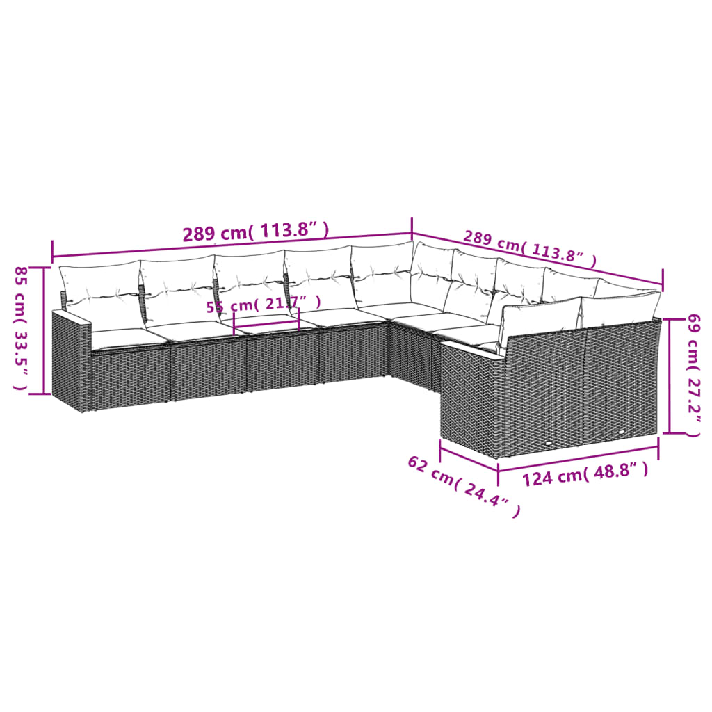 Ensemble de canapé de jardin 10 pcs avec coussins gris résine tressée