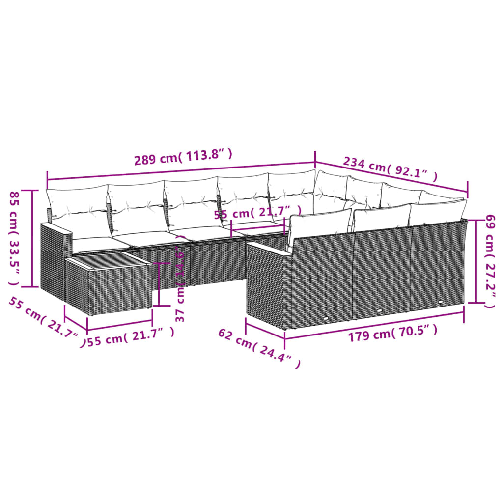 Ensemble de canapé de jardin 11 pcs avec coussins gris résine tressée