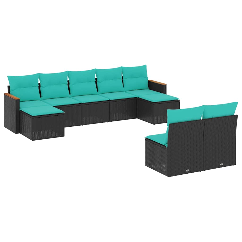 Salon de jardin 9 pcs avec coussins noir résine tressée