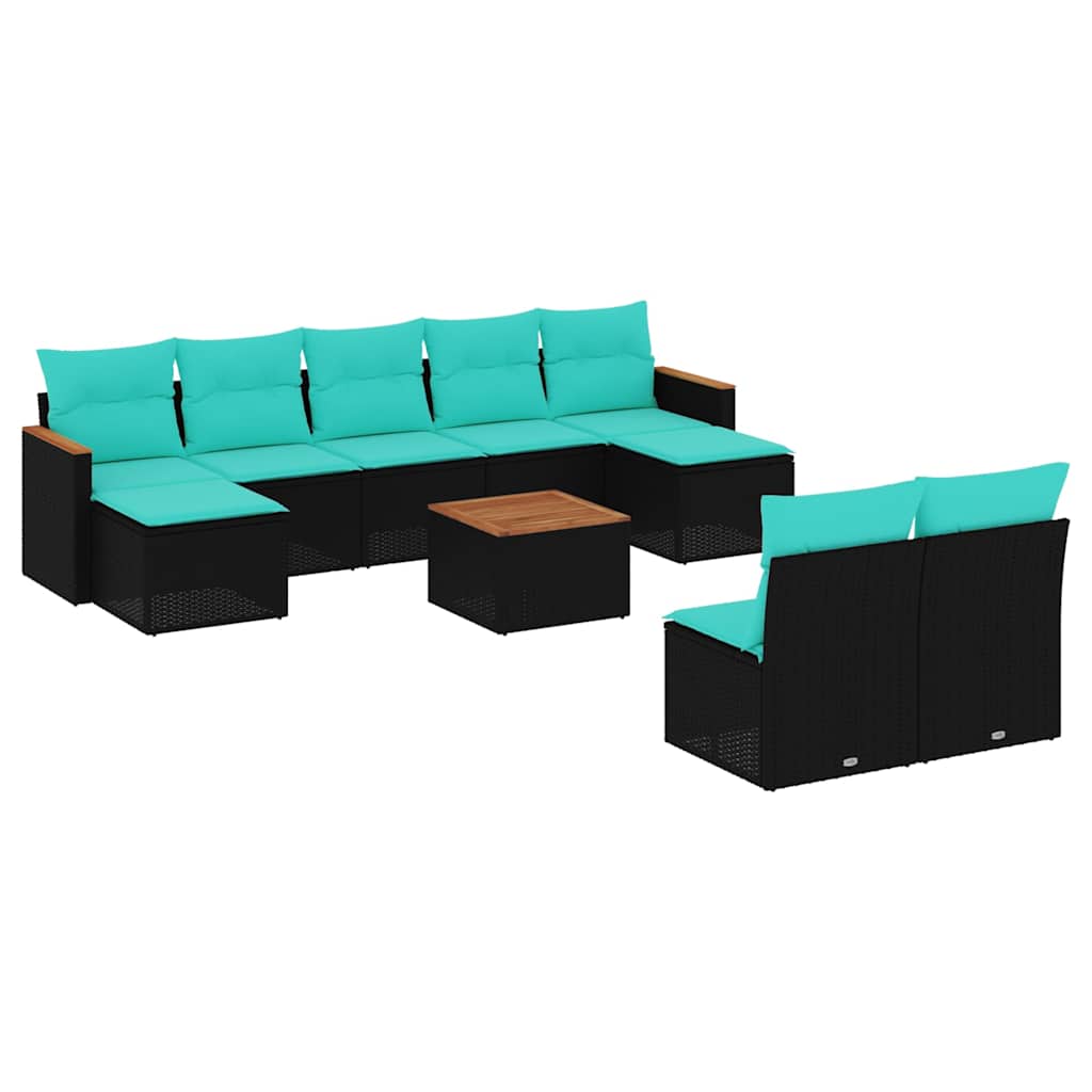 Ensemble de canapé de jardin 10 pcs avec coussins noir résine tressée