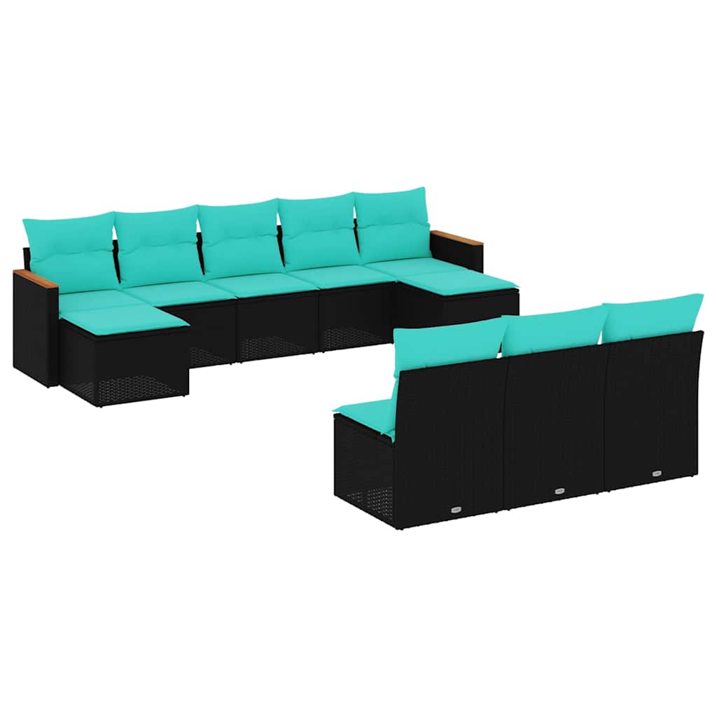 Salon de jardin 10 pcs avec coussins noir résine tressée