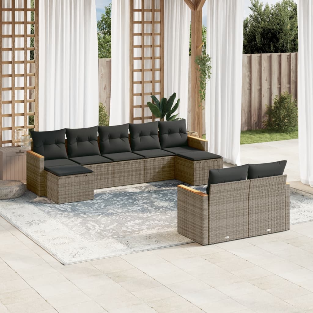 Salon de jardin 9 pcs avec coussins gris résine tressée