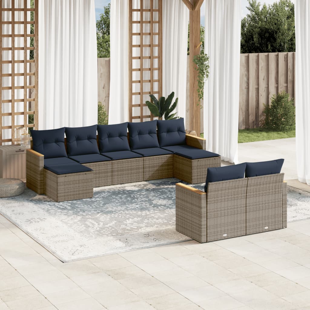 Ensemble de canapé de jardin 9 pcs avec coussins gris résine tressée