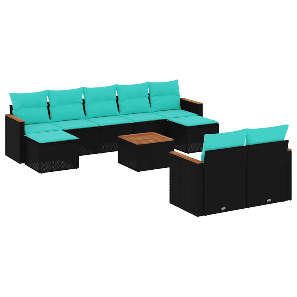 Ensemble de canapé de jardin 10 pcs avec coussins noir résine tressée