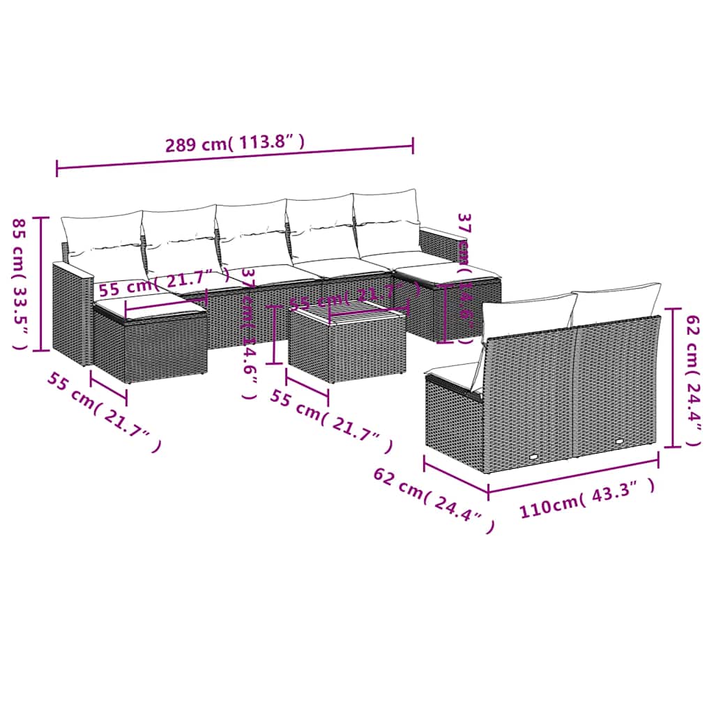 Ensemble de canapé de jardin 10 pcs avec coussins noir résine tressée