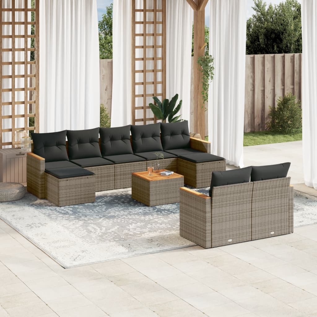Salon de jardin avec coussins 10 pcs gris résine tressée