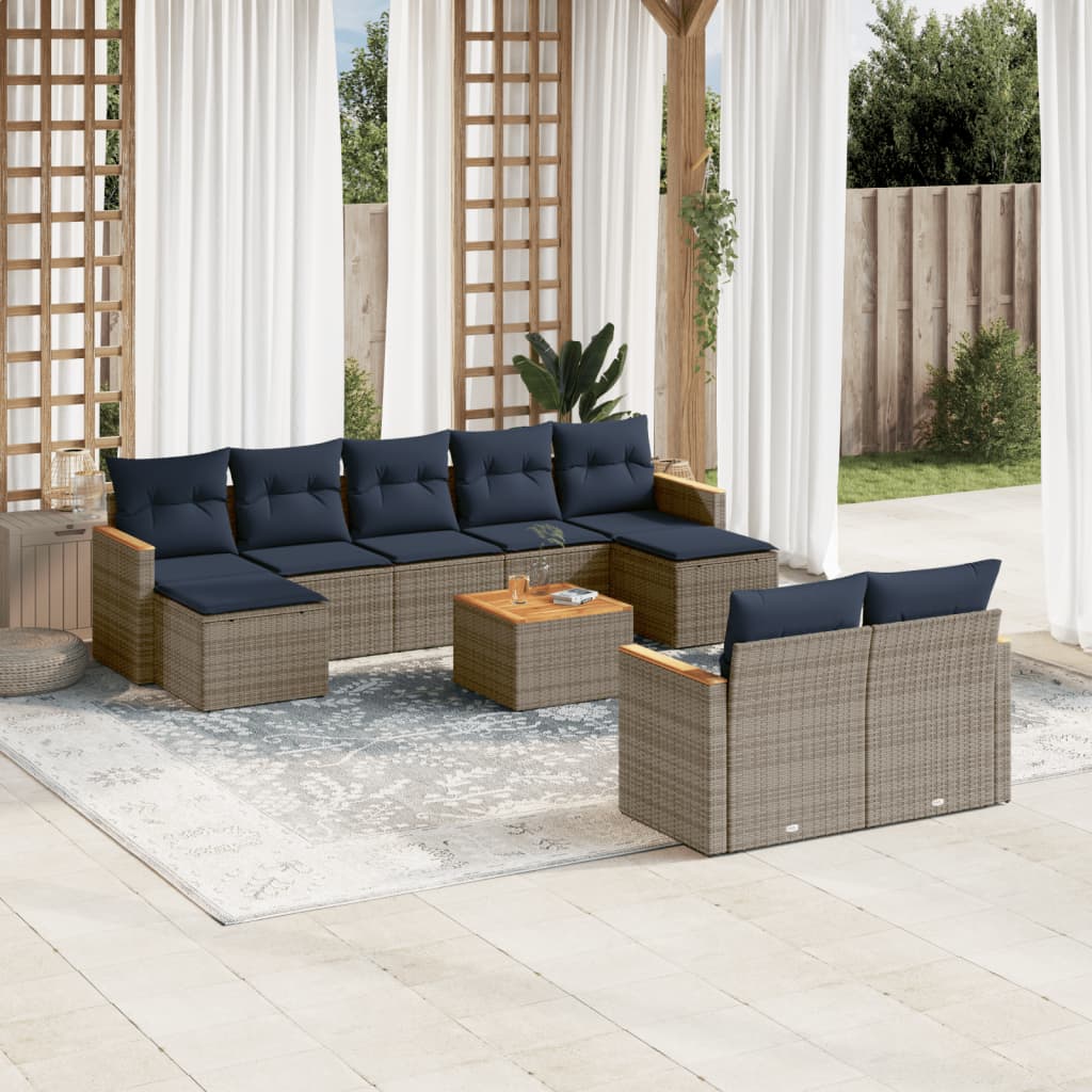 Ensemble de canapé de jardin 10 pcs avec coussins gris résine tressée