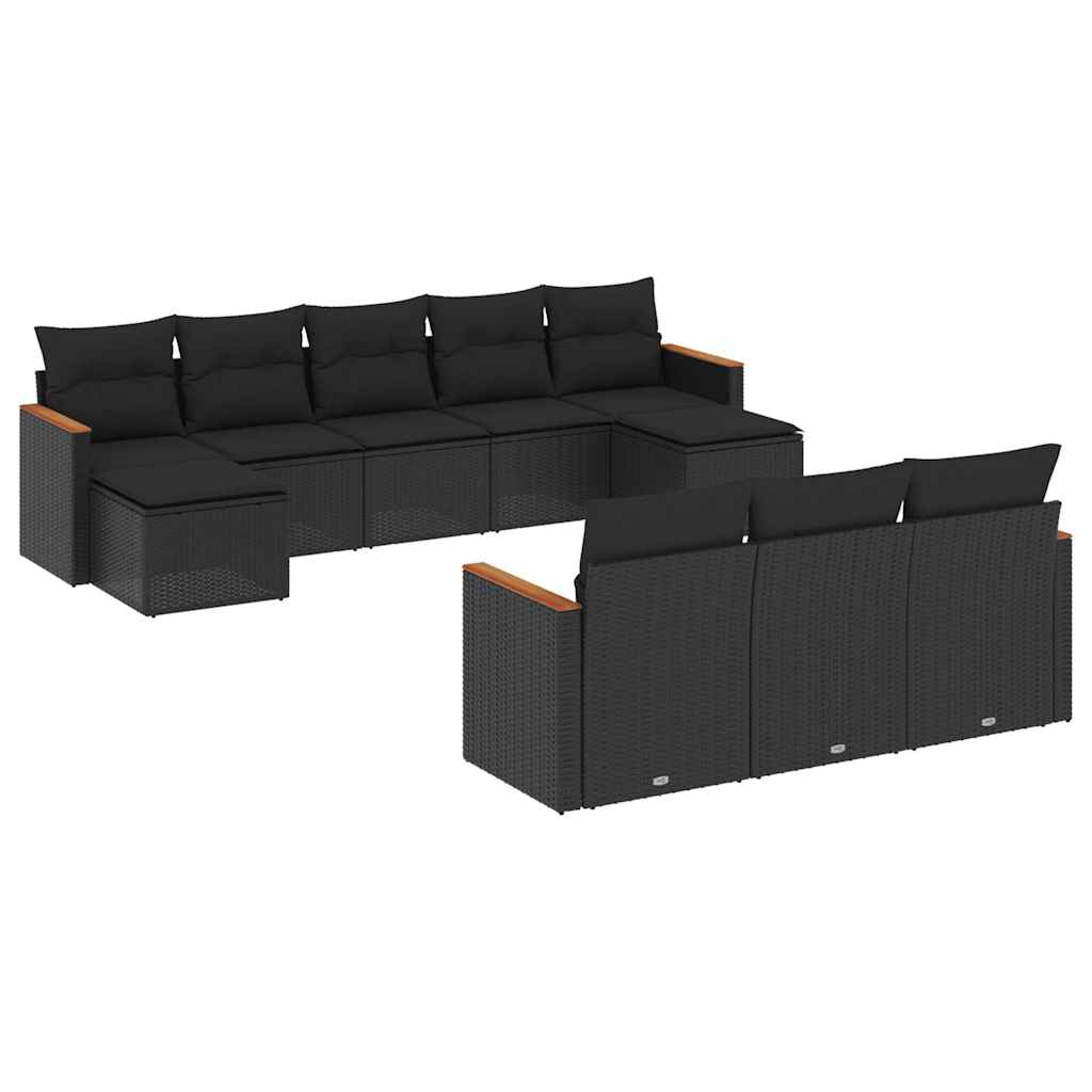 Salon de jardin 10 pcs avec coussins noir résine tressée