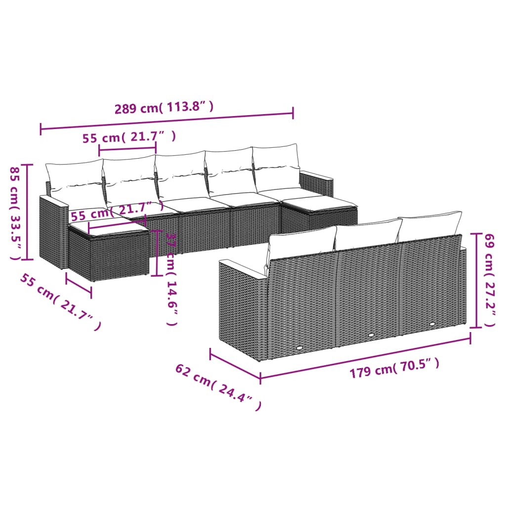Salon de jardin avec coussins 10 pcs beige résine tressée