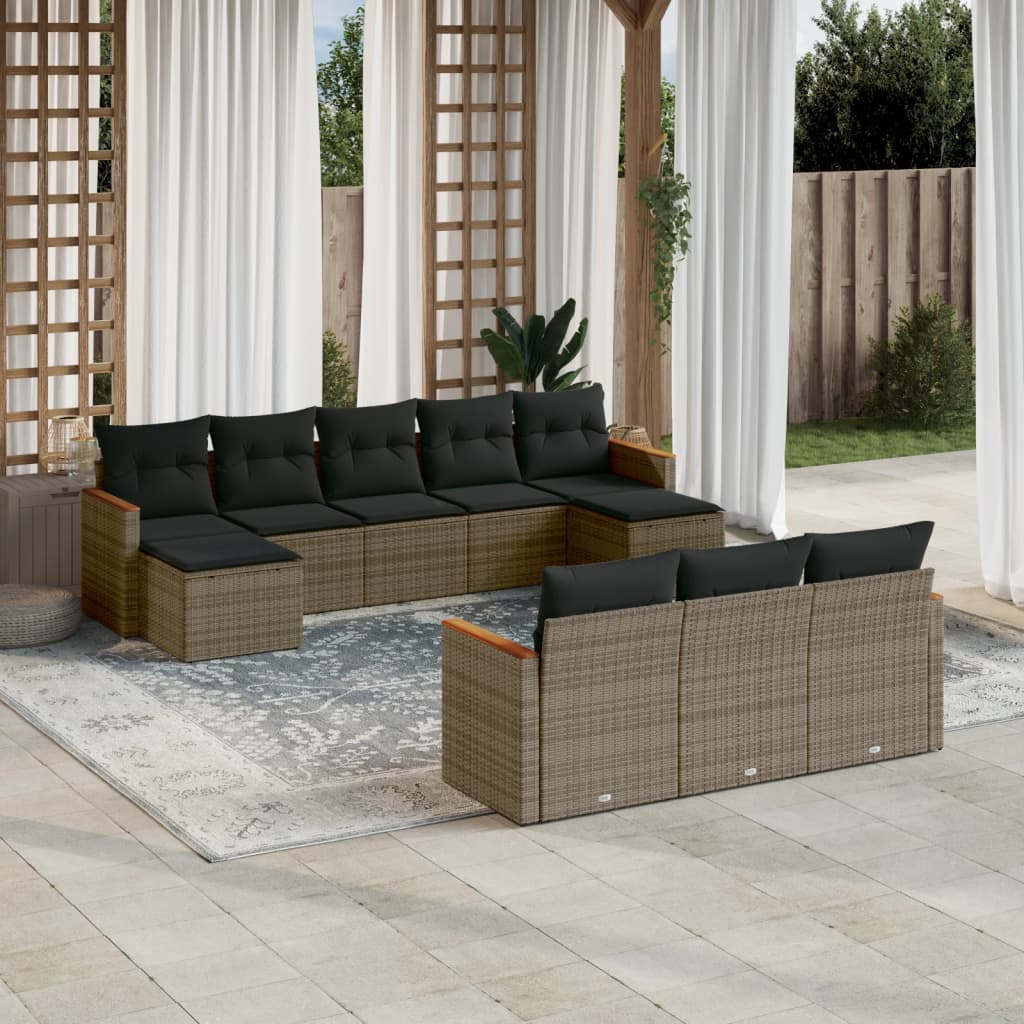 Salon de jardin avec coussins 10 pcs gris résine tressée