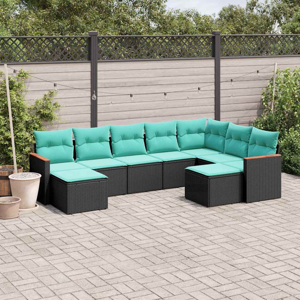 Salon de jardin 9 pcs avec coussins noir résine tressée