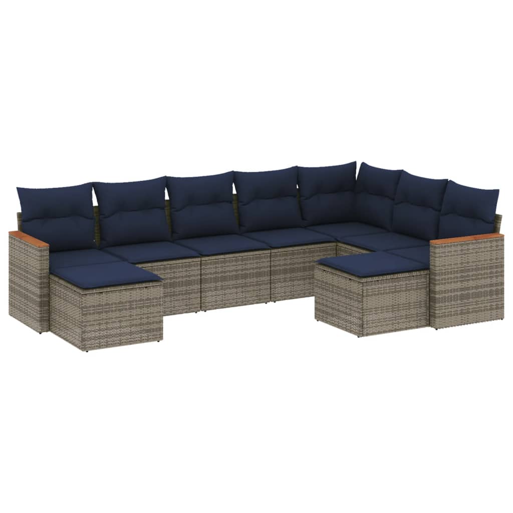 Ensemble de canapé de jardin 9 pcs avec coussins gris résine tressée
