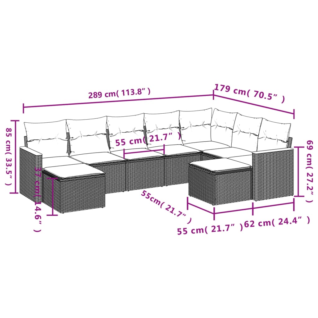 Ensemble de canapé de jardin 9 pcs avec coussins gris résine tressée